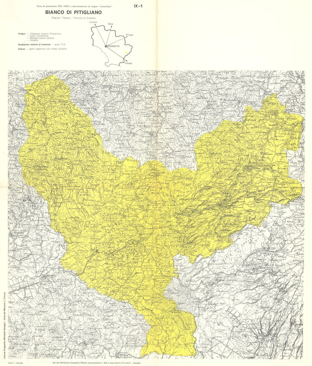 Italy wine. Bianco di Pitigliano DOC. Toscana. Grosseto 1976 old vintage map