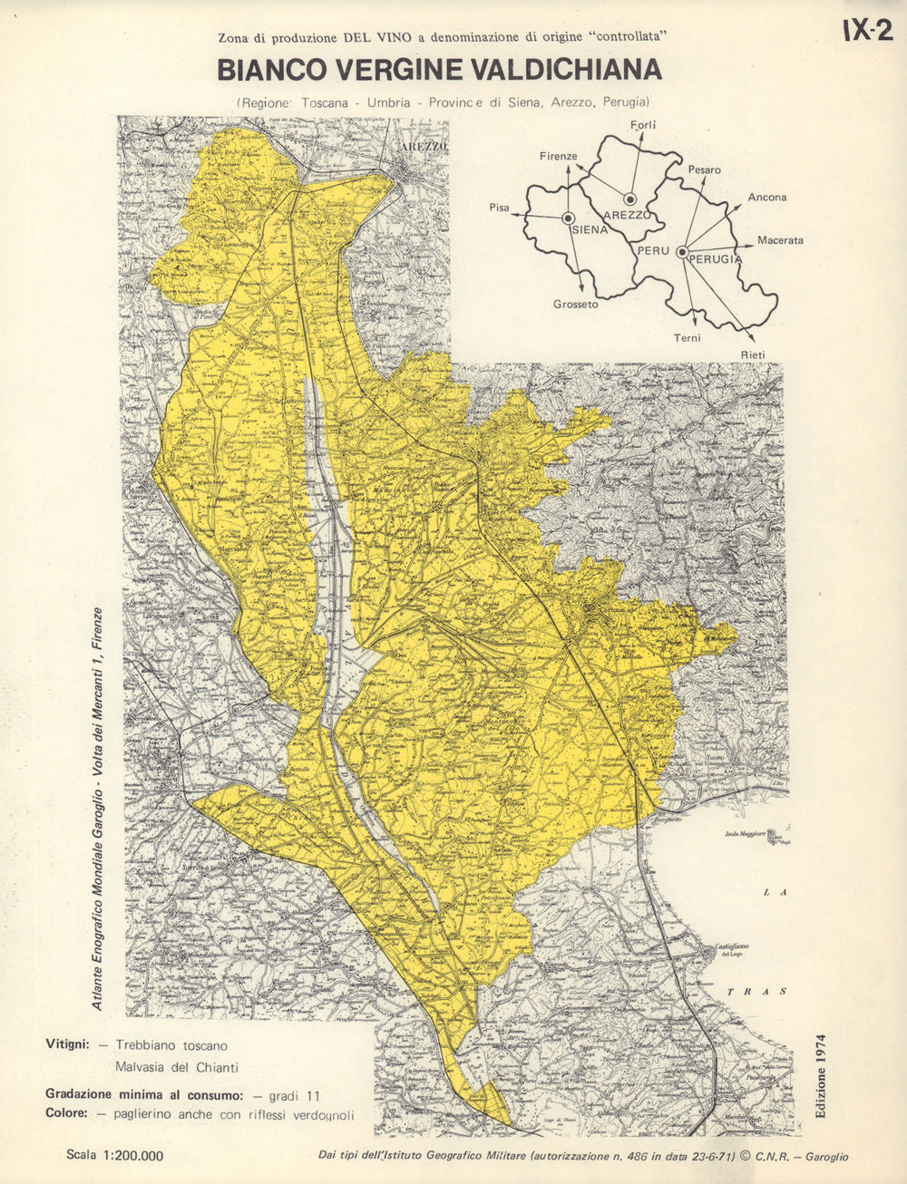 Italy wine. Bianco Vergine Valdichiana DOC. Umbria Siena Arezzo Perugia 1976 map