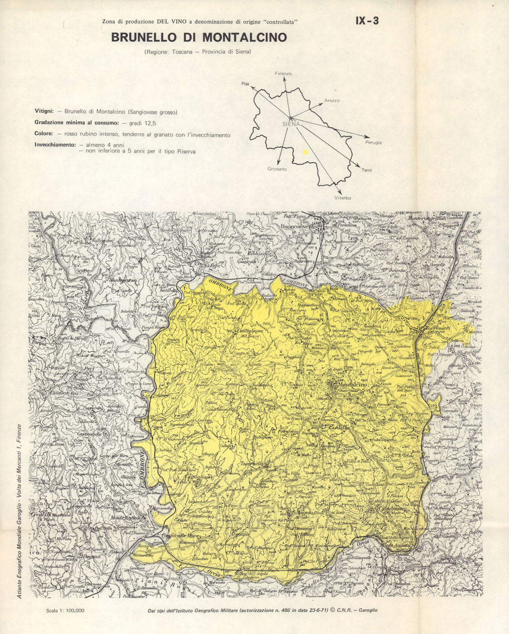 Italy wine. Brunello di Montalcino DOC. Toscana. Siena 1976 old vintage map