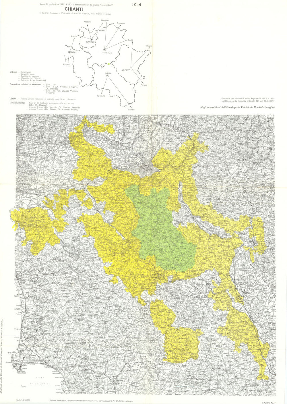 Italy wine. Chianti DOC Toscana Arezzo Firenze Pisa Pistoia Siena Prato 1976 map
