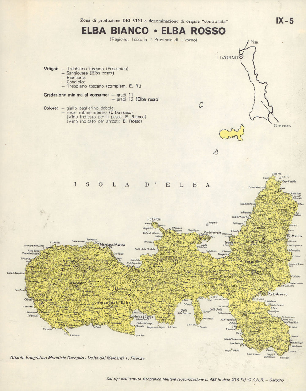 Italy wine. Elba Bianco Elba Rosso DOC. Toscana. Livorno 1976 old vintage map