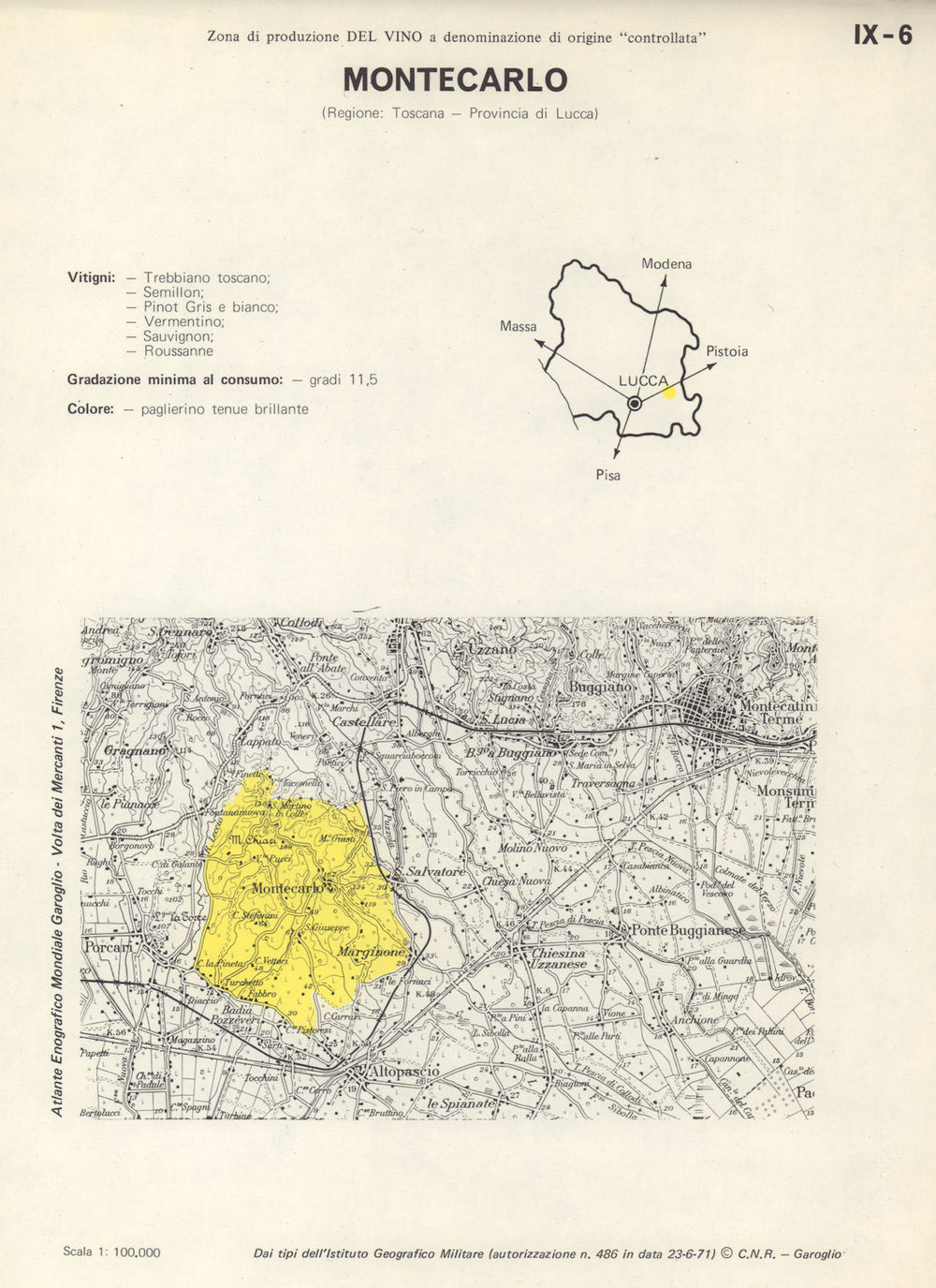 Italy wine. Montecarlo DOC. Toscana. Lucca 1976 old vintage map plan chart