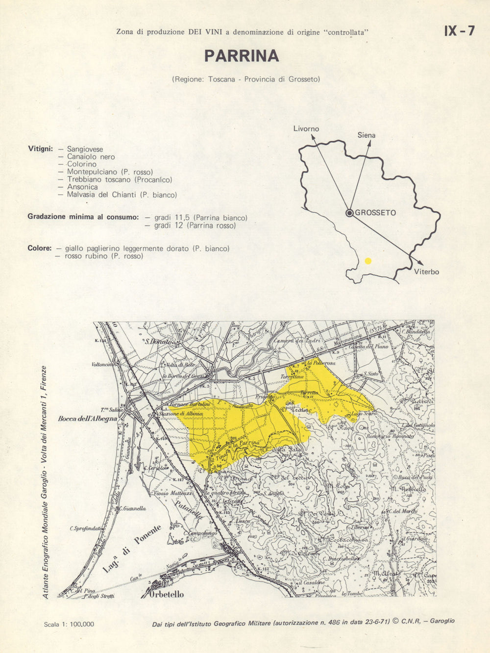 Italy wine. Parrina DOC. Toscana. Grosseto 1976 old vintage map plan chart