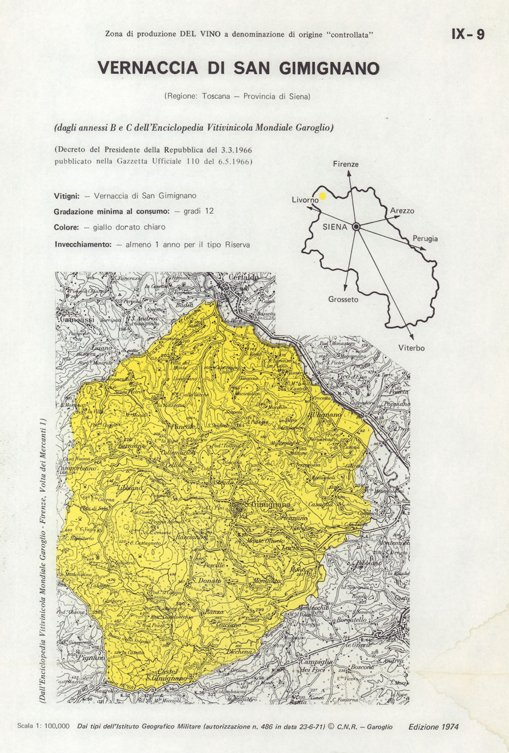 Italy wine. Vernaccia di San Gimignano DOC. Toscana. Siena 1976 old map