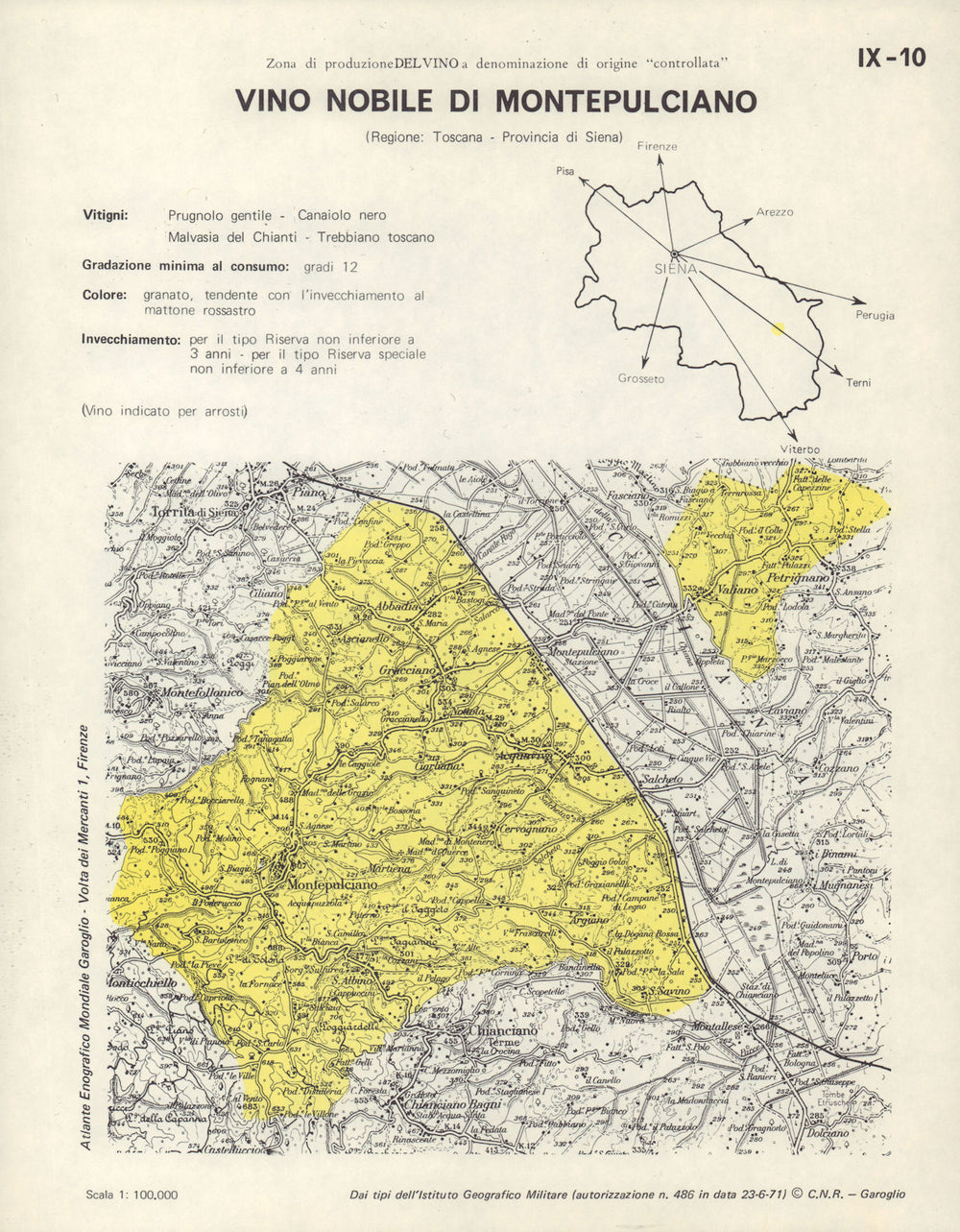 Italy wine. Vino Nobile di Montepulciano DOC. Toscana. Siena 1976 old map