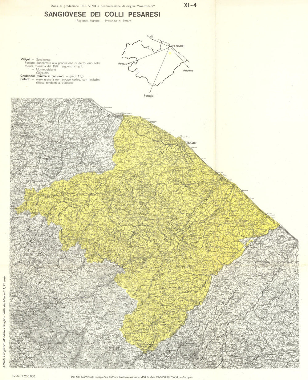 Italy wine. Sangiovese dei Colli Pesaresi DOC. Marche. Pesaro 1976 old map