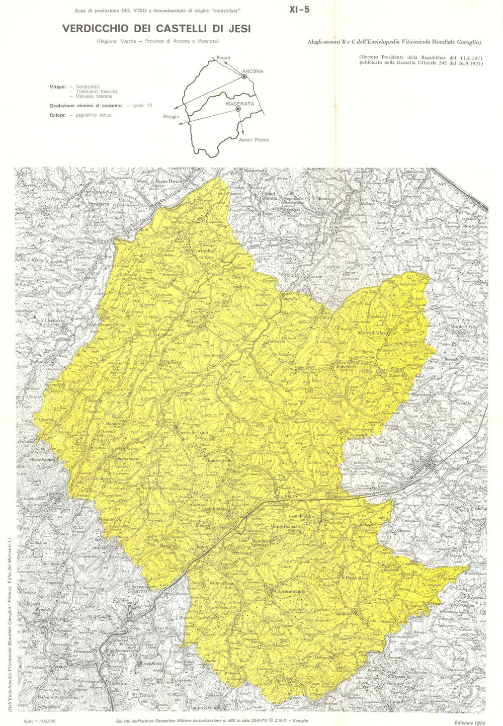 Italy wine. Verdicchio dei Castelli di Jesi DOC. Marche Ancona Macerata 1976 map