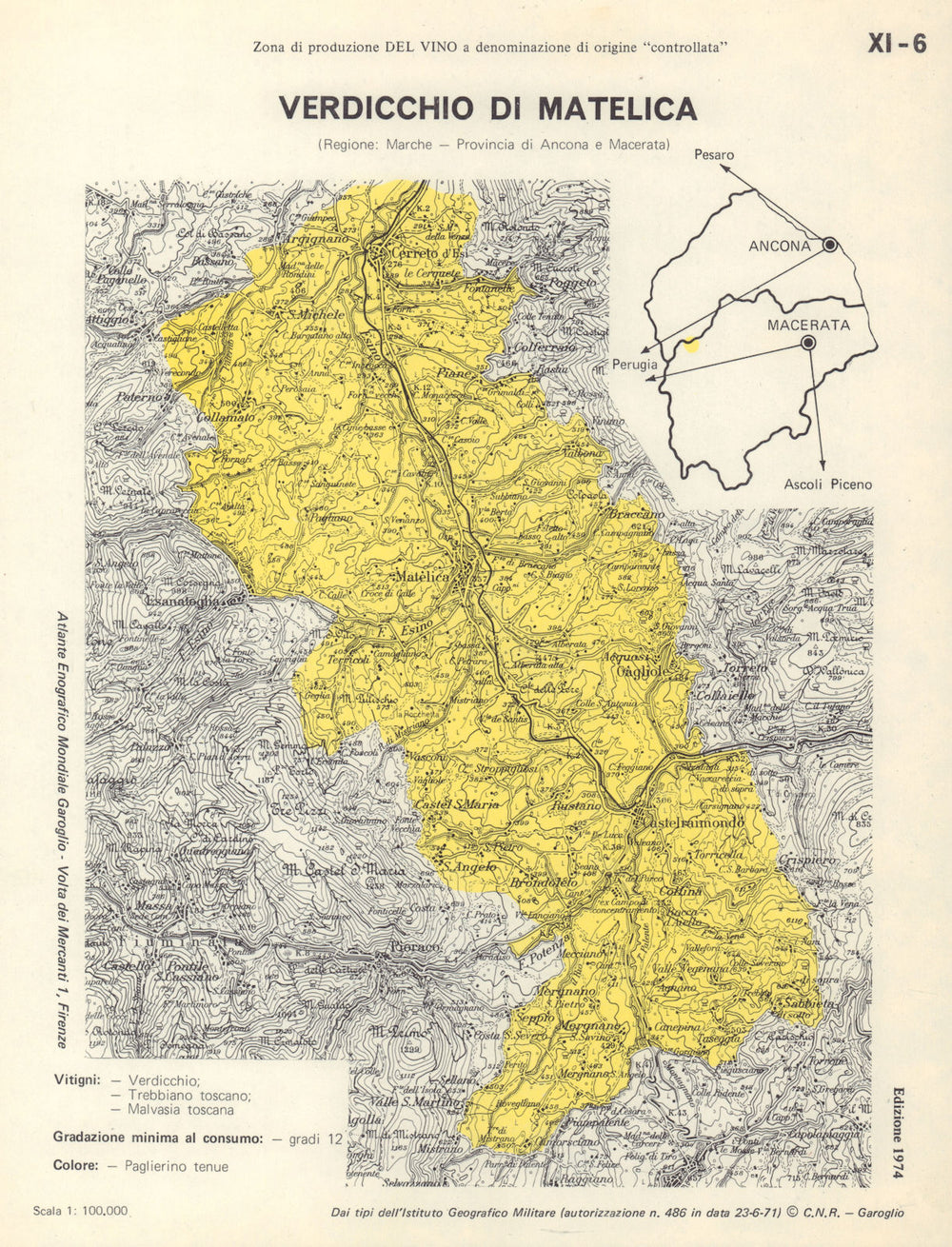 Italy wine. Verdicchio di Matelica DOC. Marche. Ancona e Macerata 1976 old map
