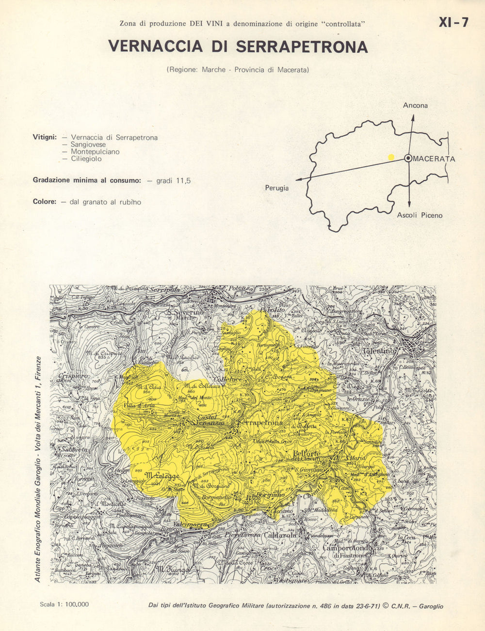 Italy wine. Vernaccia di Serrapetrona DOC. Marche. Macerata 1976 old map