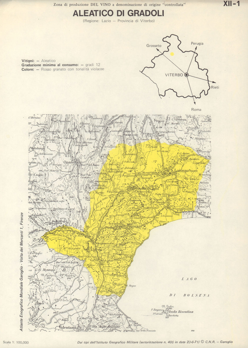 Italy wine. Aleatico di Gradoli DOC. Lazio. Viterbo 1976 old vintage map chart