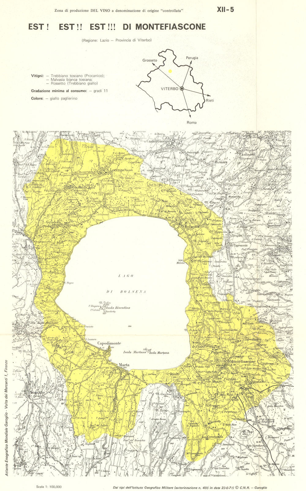 Italy wine. Est! Est!! Est!!! di Montefiascone DOC. Lazio. Viterbo 1976 map