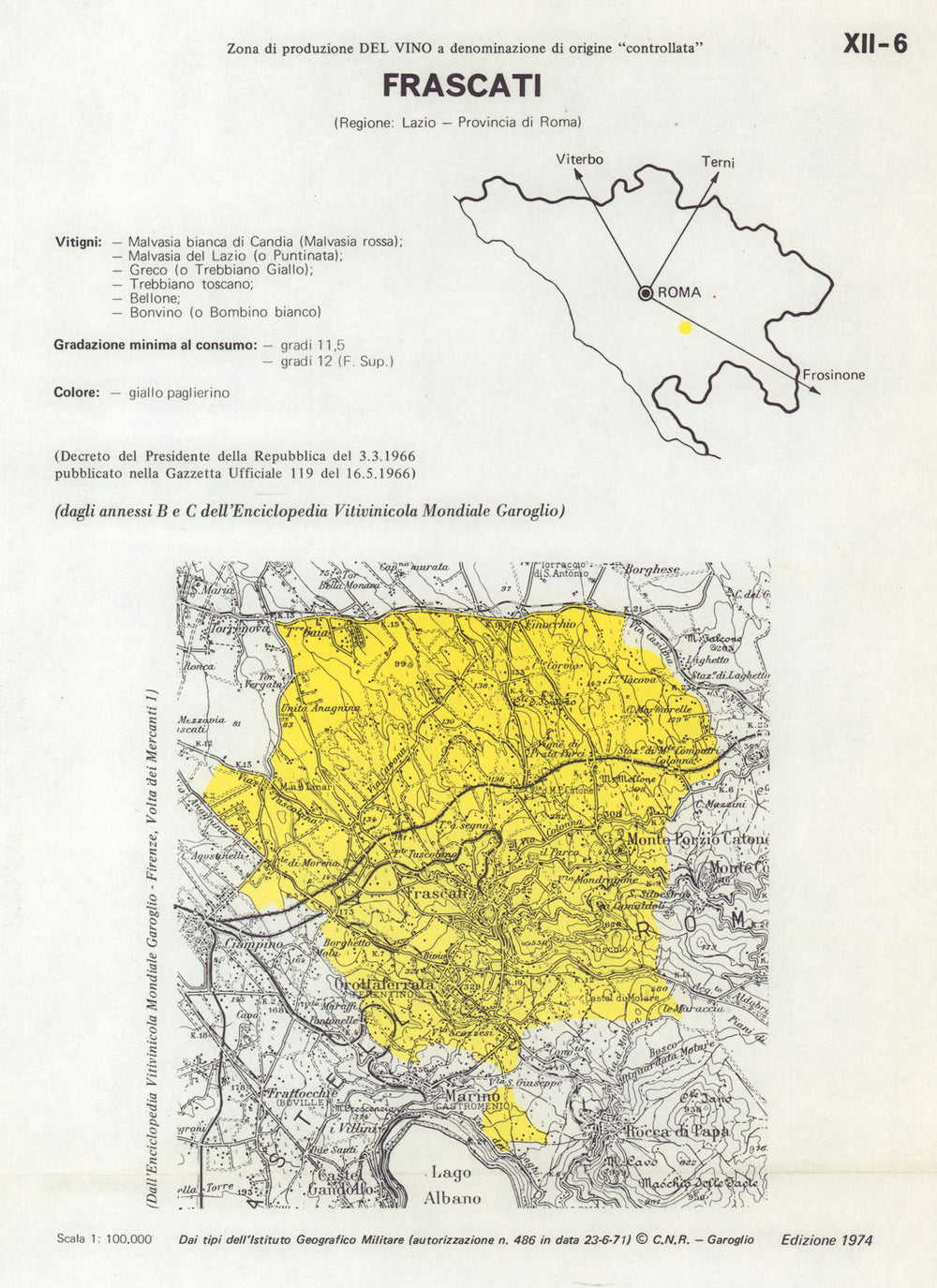 Italy wine. Frascati DOC. Lazio. Roma 1976 old vintage map plan chart