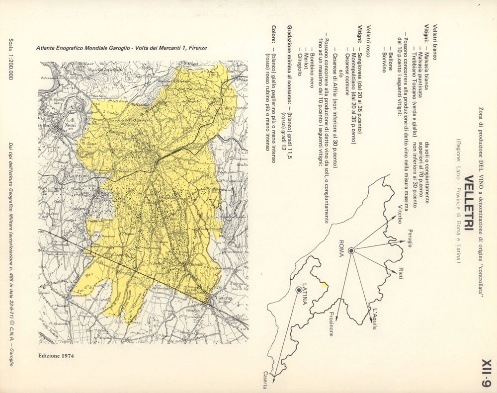 Italy wine. Velletri DOC. Lazio. Roma e Latina 1976 old vintage map plan chart