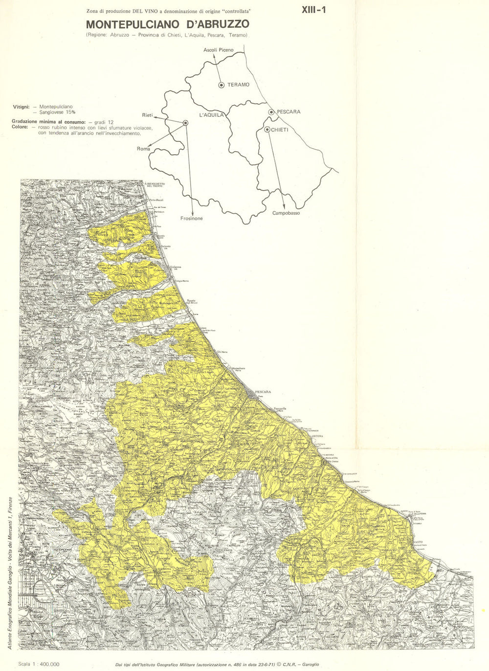 Italy wine. Montepulciano d'Abruzzo DOC. Chieti L'Aquila Pescara Teramo 1976 map