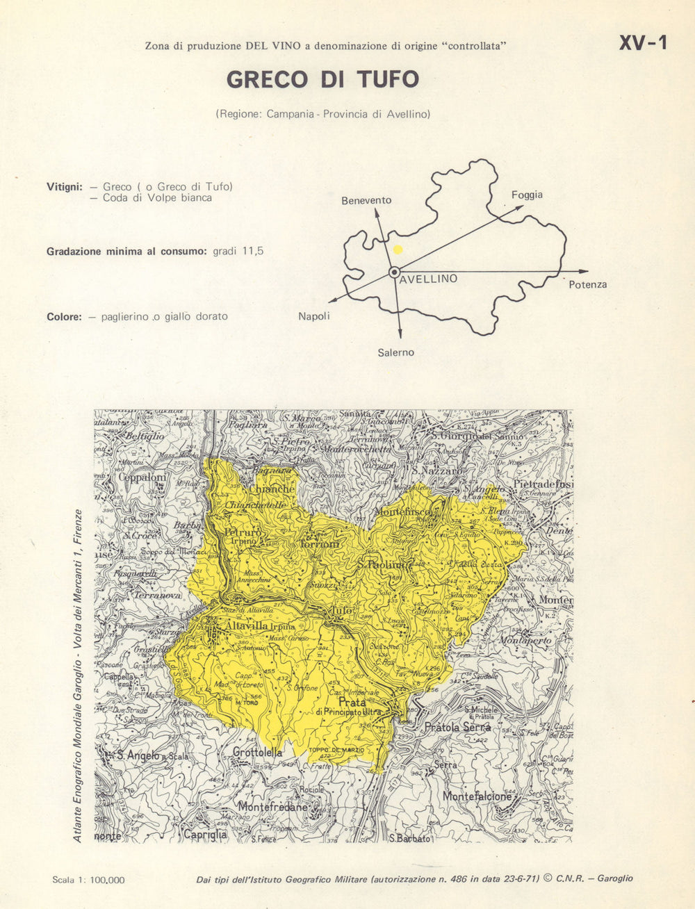 Italy wine. Greco di Tufo DOC. Campania. Avellino 1976 old vintage map chart