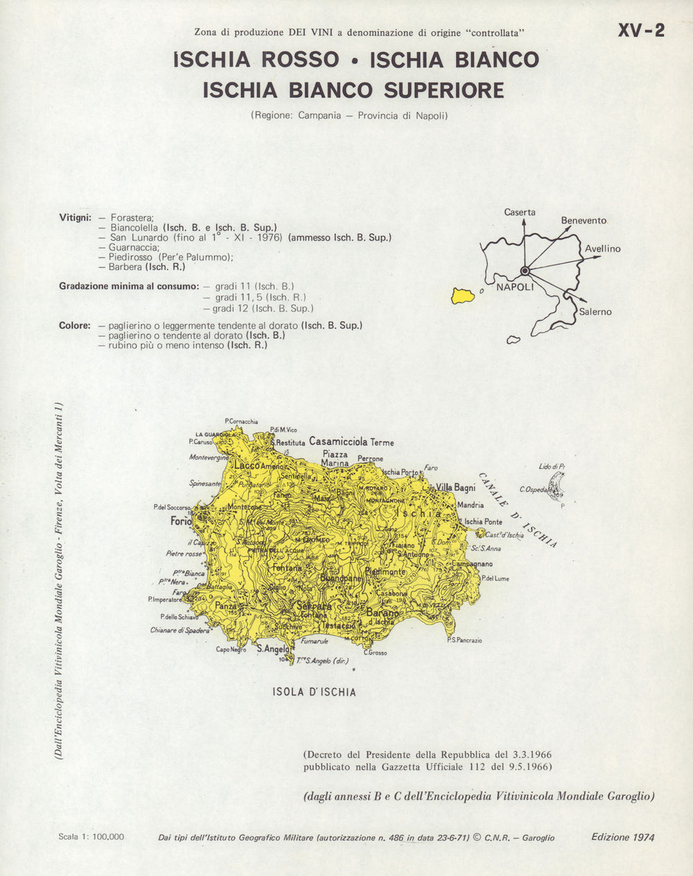 Italy wine. Ischia Rosso, Bianco & Superiore DOC. Campania. Napoli 1976 map