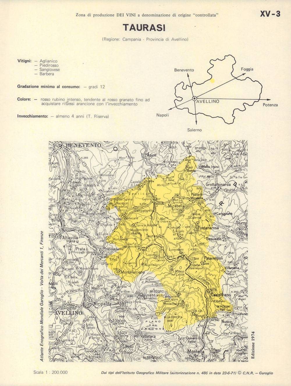 Italy wine. Taurasi DOC. Campania. Avellino 1976 old vintage map plan chart
