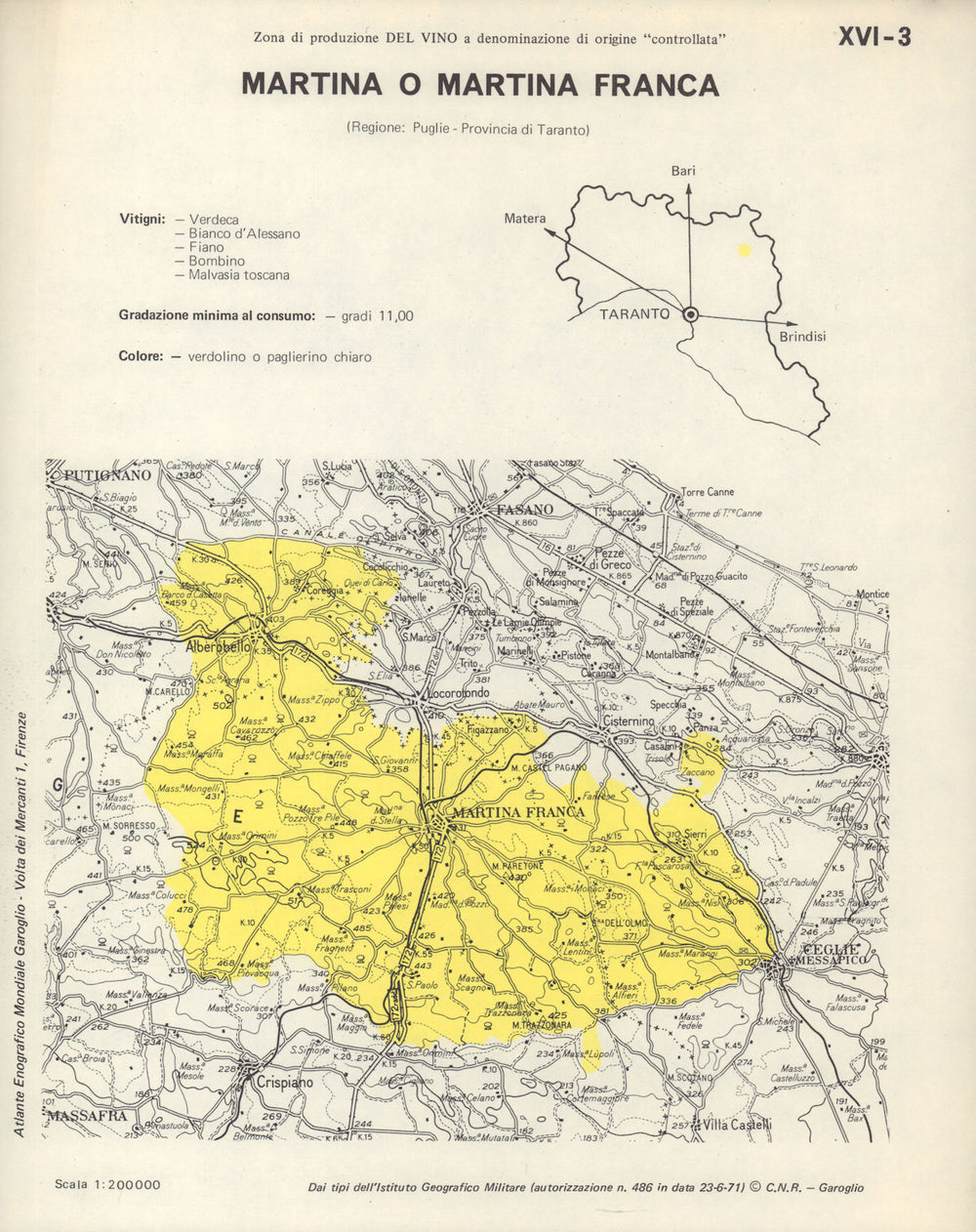 Italy wine. Martina o Martina Franca DOC. Puglia. Taranto 1976 old vintage map