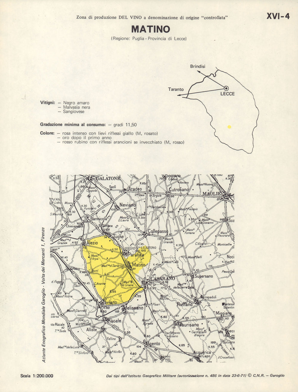 Italy wine. Matino DOC. Puglia. Lecce 1976 old vintage map plan chart