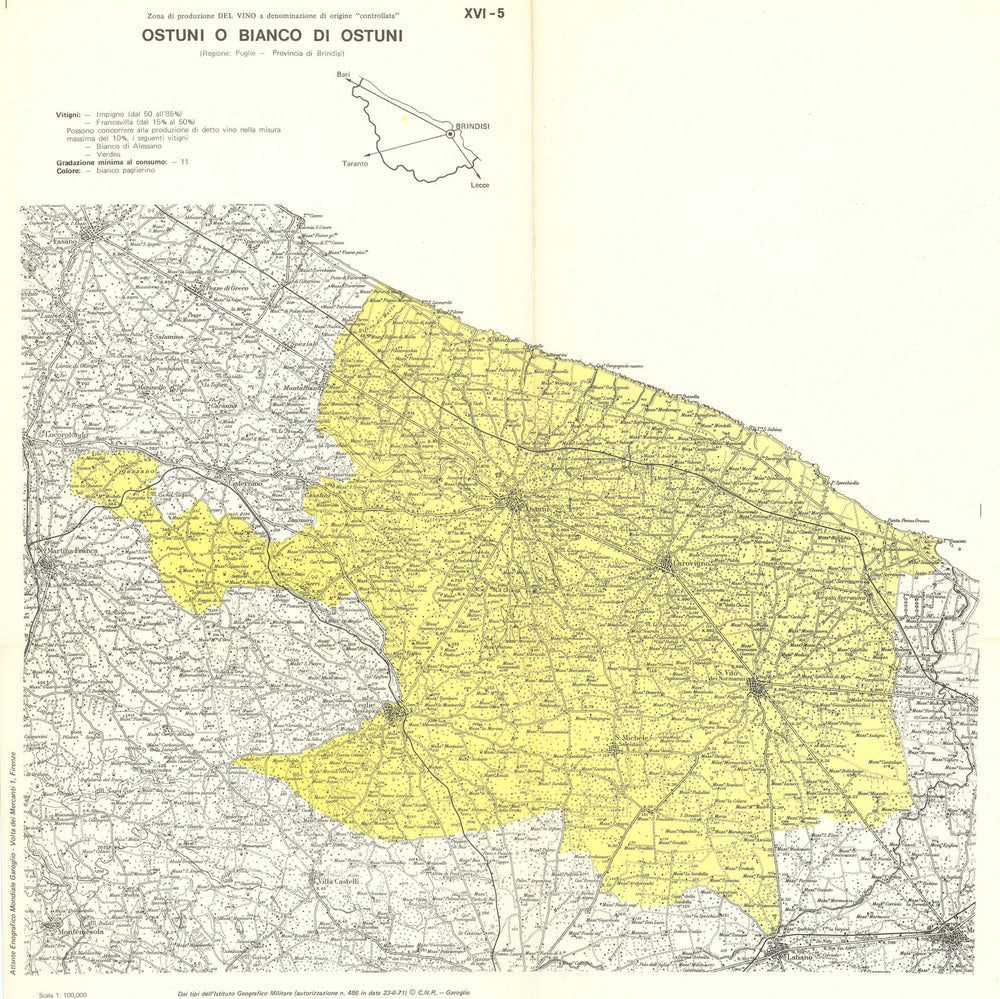 Italy wine. Ostuni o Bianco di Ostuni DOC. Puglia. Brindisi 1976 old map
