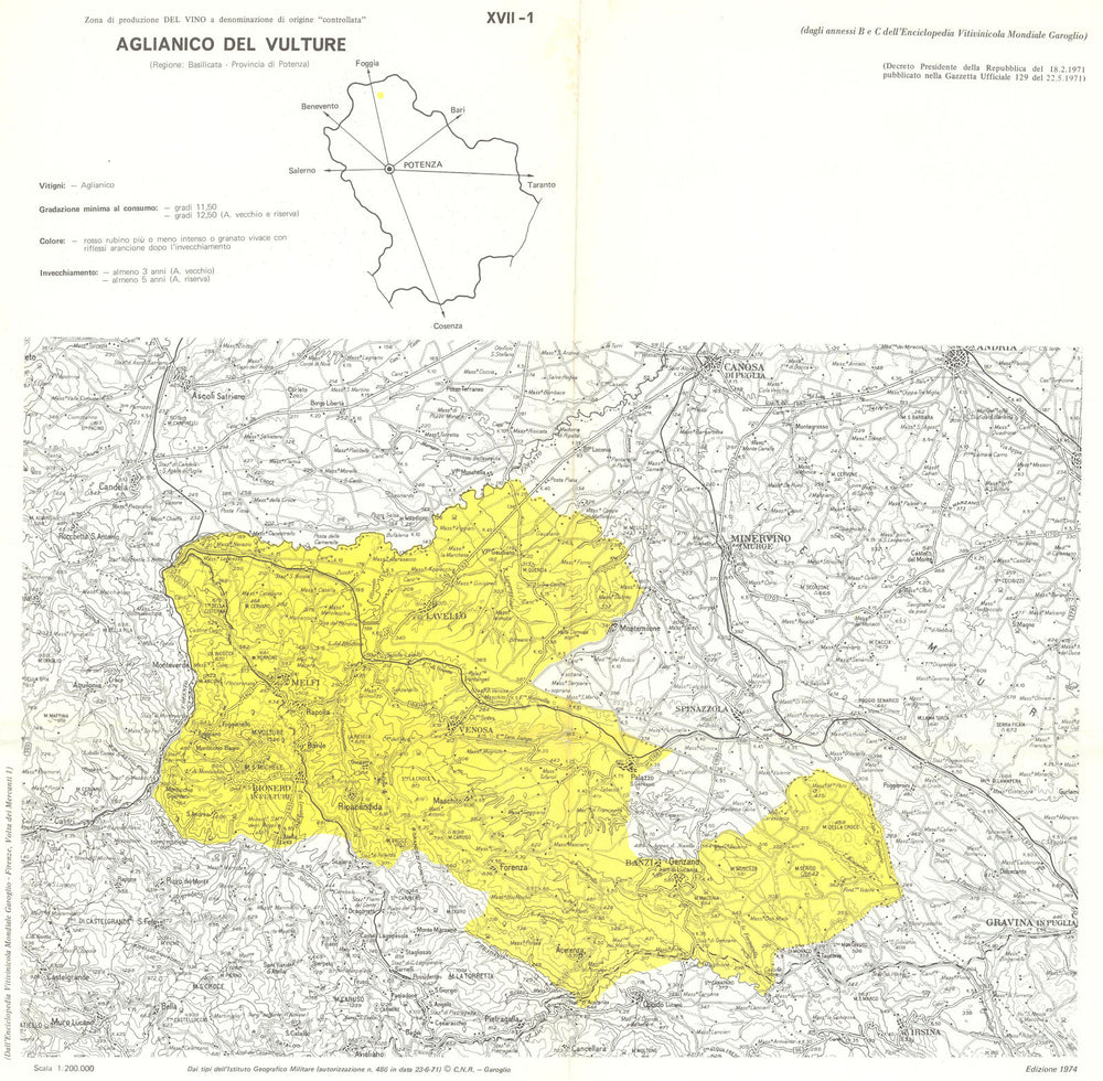 Italy wine. Aglianico del Vulture DOC. Basilicata. Potenza 1976 old map