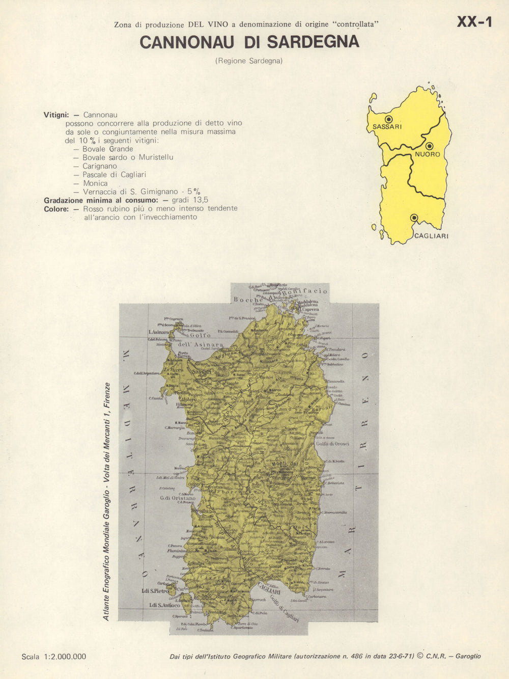 Italy wine. Cannonau di Sardegna DOC. Sardegna 1976 old vintage map plan chart