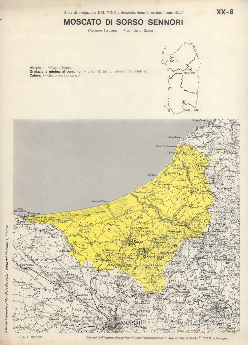 Italy wine. Moscato di Sorso-Sennori DOC. Sardegna. Sassari 1976 old map