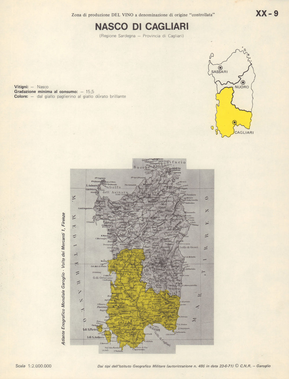 Italy wine. Nasco di Cagliari DOC. Sardegna. Cagliari 1976 old vintage map
