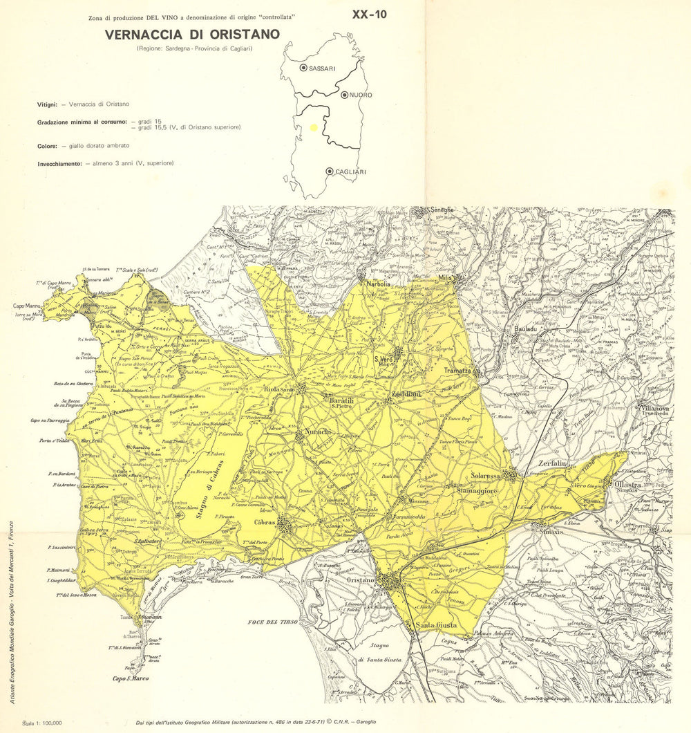 Italy wine. Vernaccia di Oristano DOC. Sardegna. Cagliari 1976 old vintage map