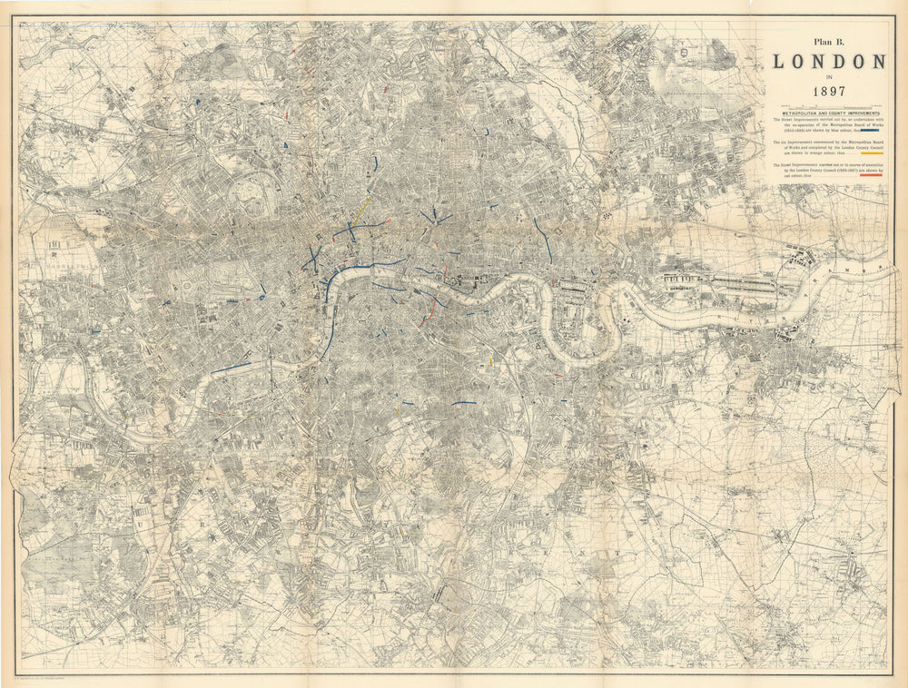 London in 1897 with street improvements since 1855. 80x105 cm. Edwards 1898 map