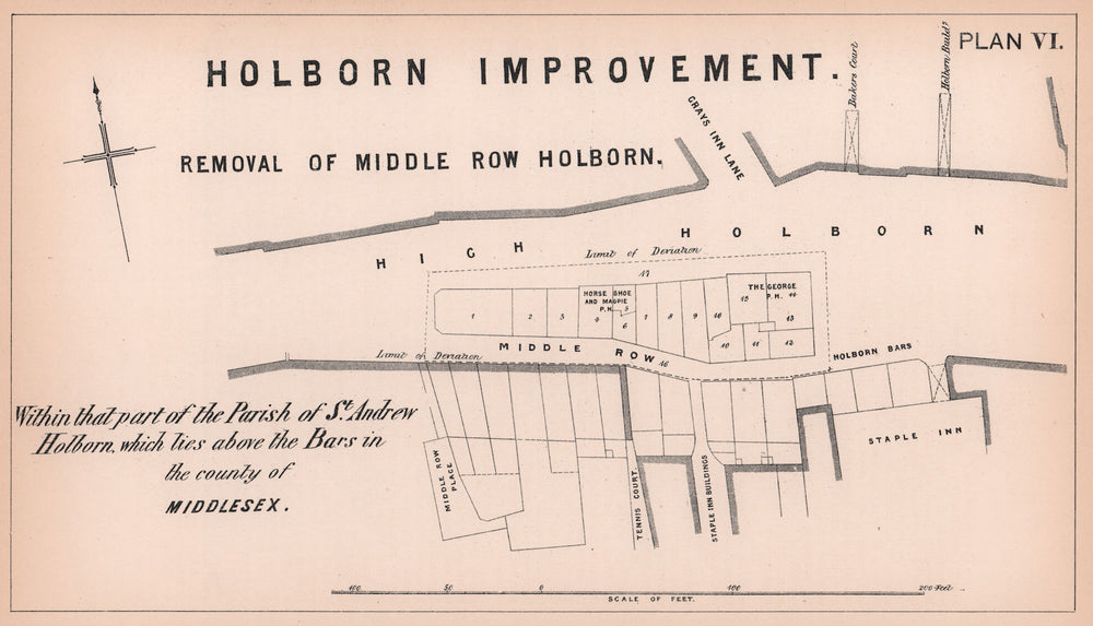 1867 High Holborn. Removal of Middle Row at Grays Inn Road 1898 old map