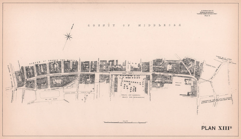 1872 Theobalds/Clerkenwell Road widening. Southampton Row-Hatton Garden 1898 map