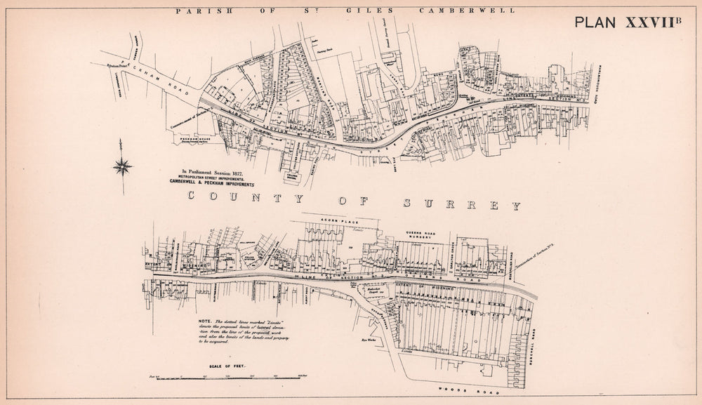 1877 Peckham High Street widening. Lyndhurst Road - Queen's Road 1898 old map