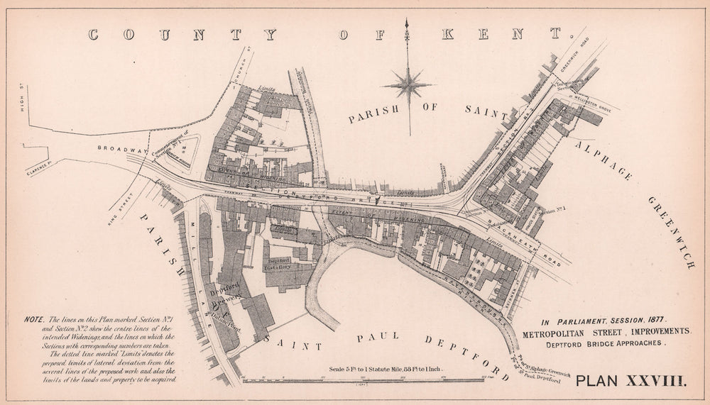 1877 Deptford Bridge widening. Greenwich High Road. Blackheath Road 1898 map