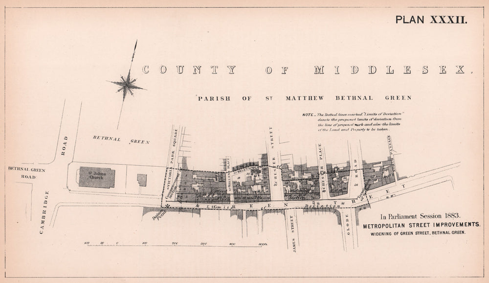 1883 Green Street (now Roman Road) widening, Bethnal Green. Globe Road 1898 map