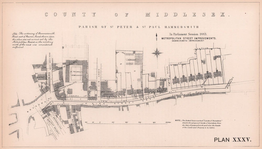 1883 Hammersmith Broadway/Road widening. Shepherds Bush Road 1898 old map