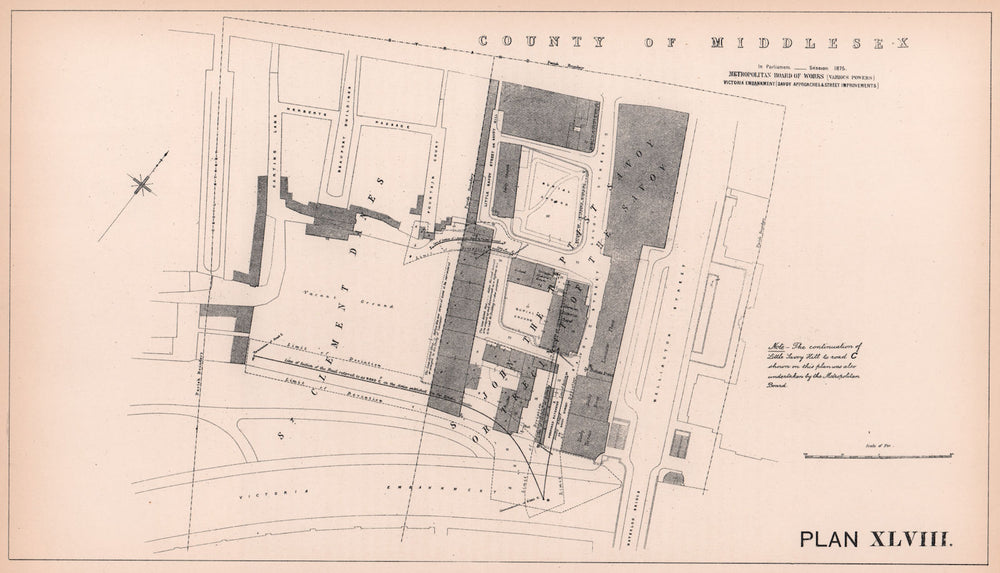1875 Victoria Embankment. Savoy Place development. Waterloo Bridge 1898 map