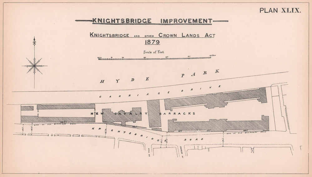 1879 Knightsbridge. New Household Cavalry Barracks. Carriage Drive 1898 map