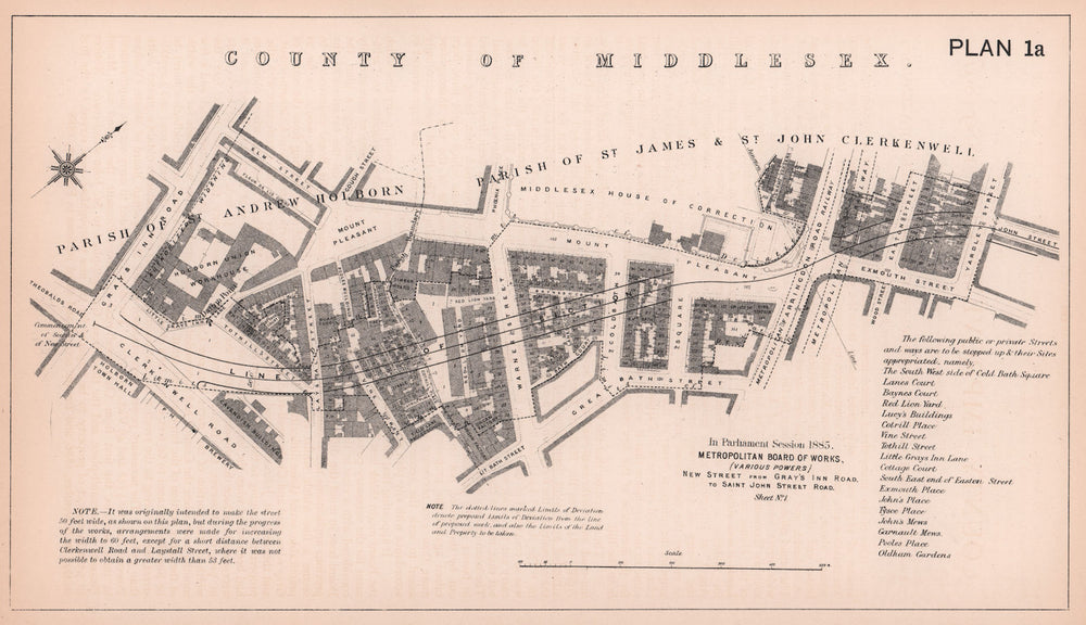 1885 Rosebery Avenue development. Grays Inn Road to Yardley Street 1898 map