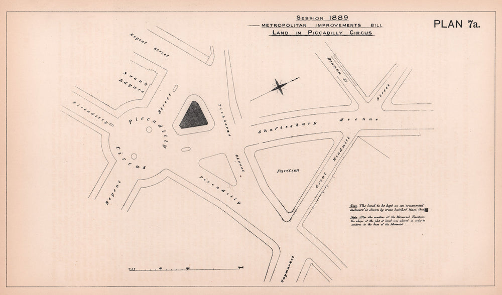 1889 Piccadilly Circus. Shaftesbury Memorial fountain site plan. Eros 1898 map