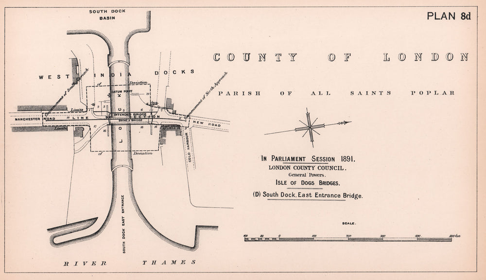 1891 Isle of Dogs Blue Bridge widening. South Dock East Entrance 1898 old map