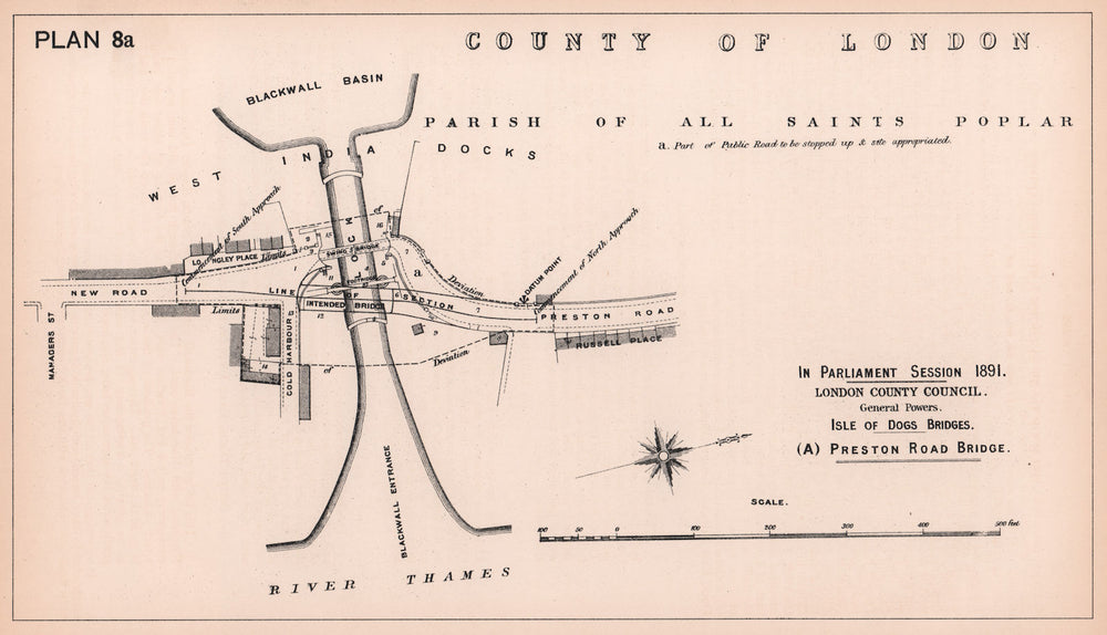 1891 Isle of Dogs Blackwall Basin Entrance Preston's Road Bridge 1898 old map