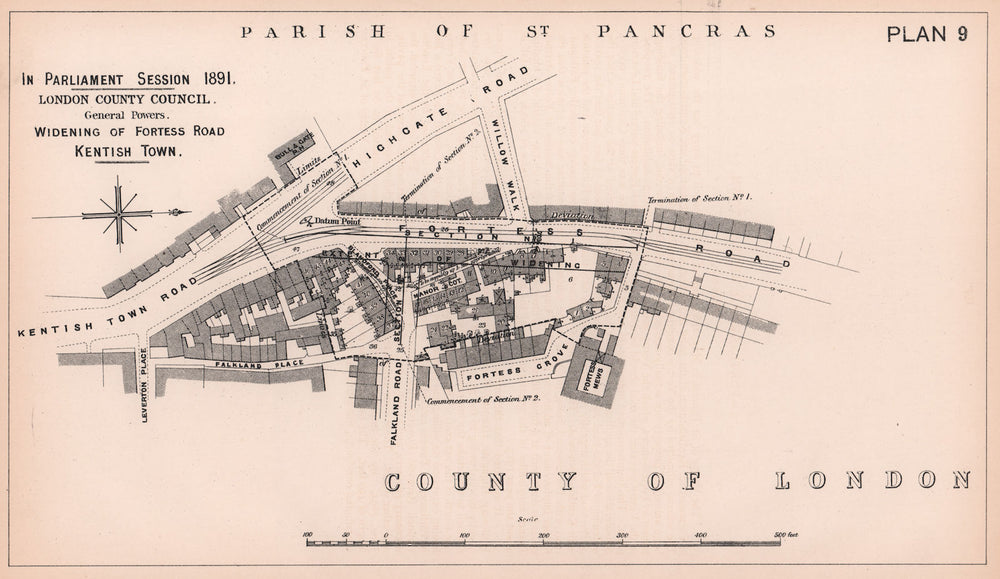 1891 Fortess Road widening. Kentish Town Road Highgate Road Falkland Rd 1898 map