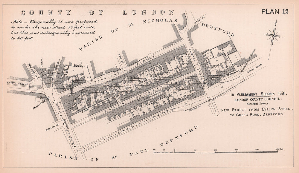 1891 New street Evelyn Street to Creek Road, Deptford. High Street 1898 map