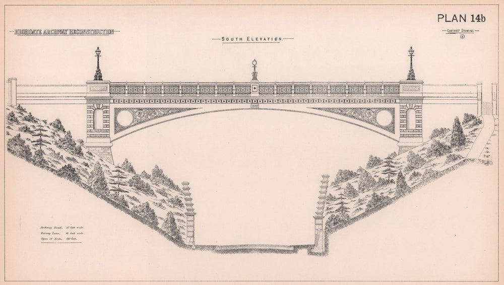 1897 Highgate Archway reconstruction. South Elevation. London 1898 old map