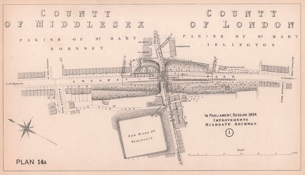1894 Highgate Archway reconstruction. Archway Road. Hornsey Lane 1898 old map