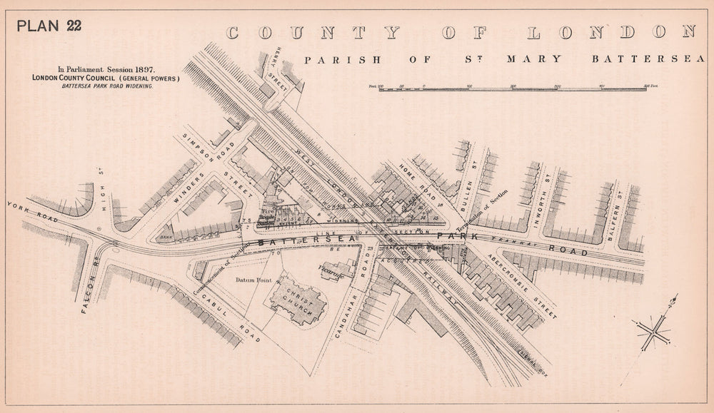 1897 Battersea Park Road widening at Candahar Road. Abercrombie Street 1898 map