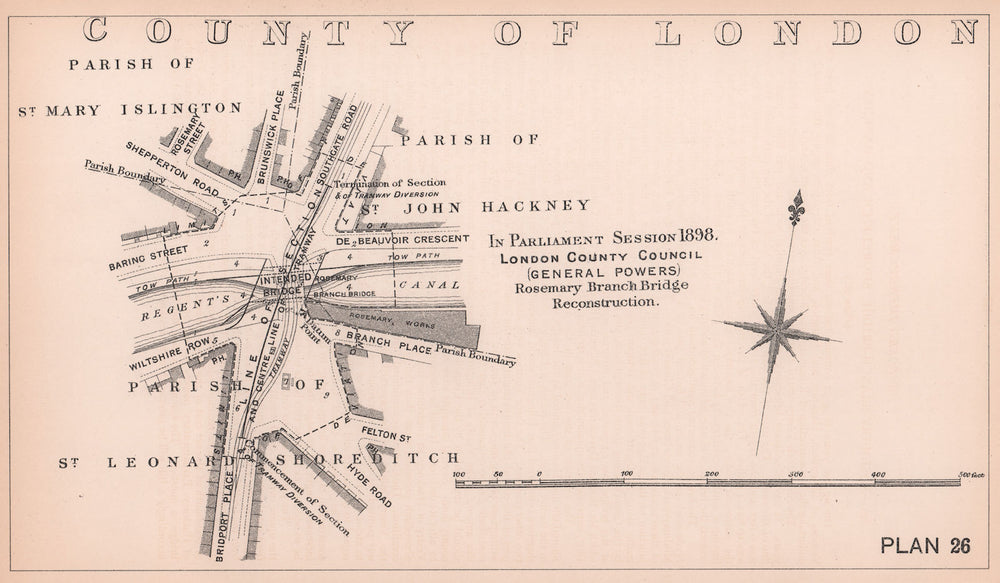1898 Rosemary Branch Bridge reconstruction. Regents Canal. Haggerston 1898 map