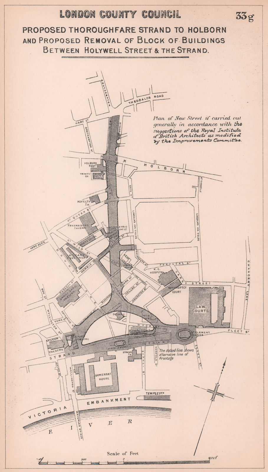 1897 Aldwych & Kingsway development proposal. Strand to Holborn 1898 old map