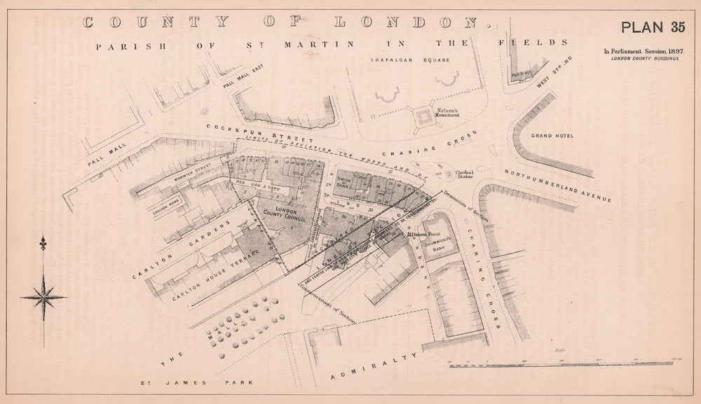 1897 The Mall extension to Trafalgar Square. Admiralty Arch 1898 old map